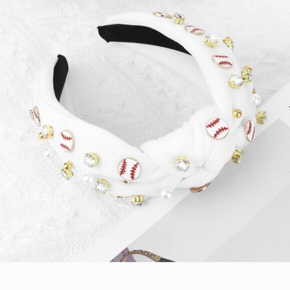 White Beaded Knotted Headband with Baseball Accent